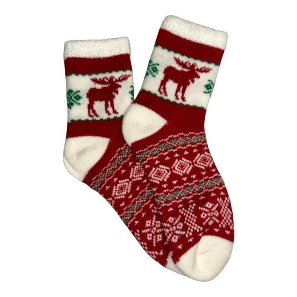 Magellan Outdoors Lodge Crew Socks Red Snow Moose Aloe Infused Lined Medium 6-10